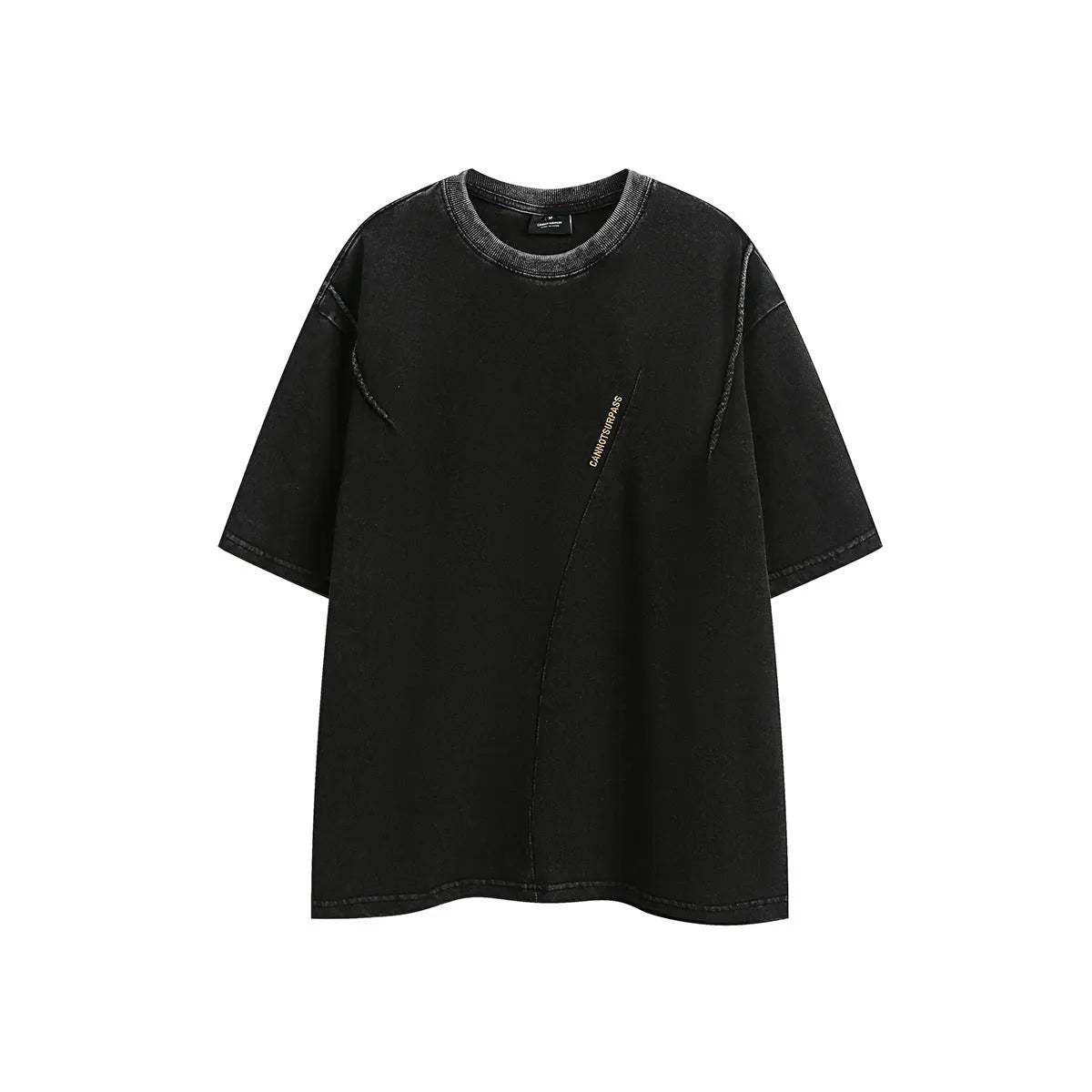 Man wearing a loose black retro short-sleeved cotton T-shirt with an embroidered washed design