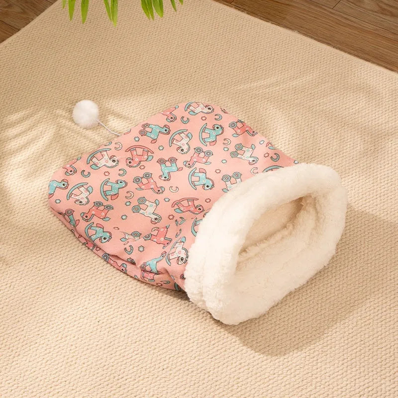 Soft flannel cat sleeping bag nest measuring 50 by 40 cm in blue rabbit pattern.