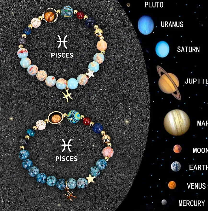 Set of twelve natural stone beaded bracelets laid out, each with a different design representing a zodiac sign.