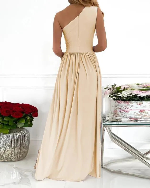Women's apricot one shoulder sleeveless maxi dress with cutout detail and high split.