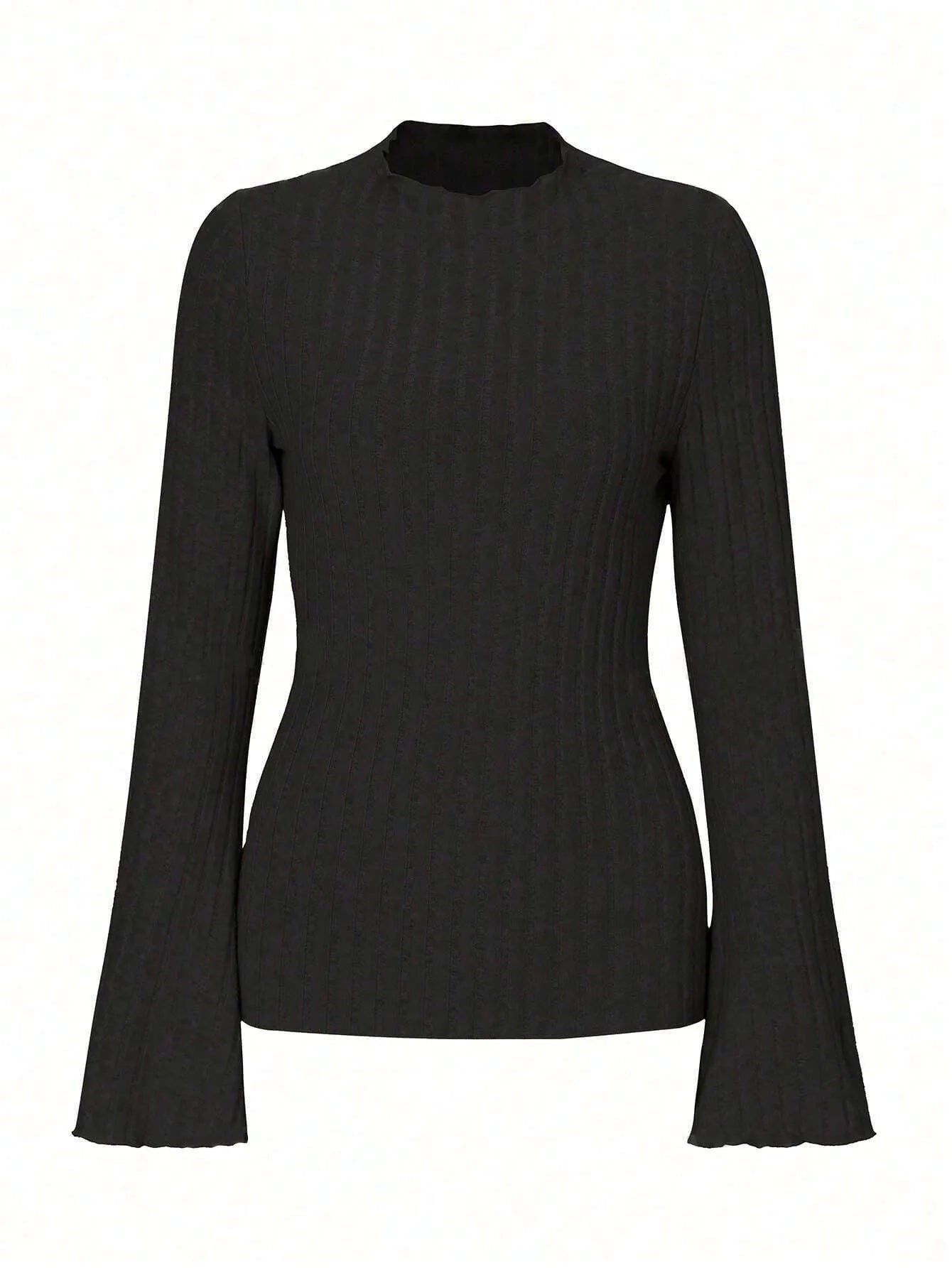 Man wearing a black long sleeve top with a subtle sunken stripe pattern and lantern sleeves.