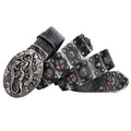 Men's genuine leather punk rivet belt with alloy buckle in retro colours on a table.