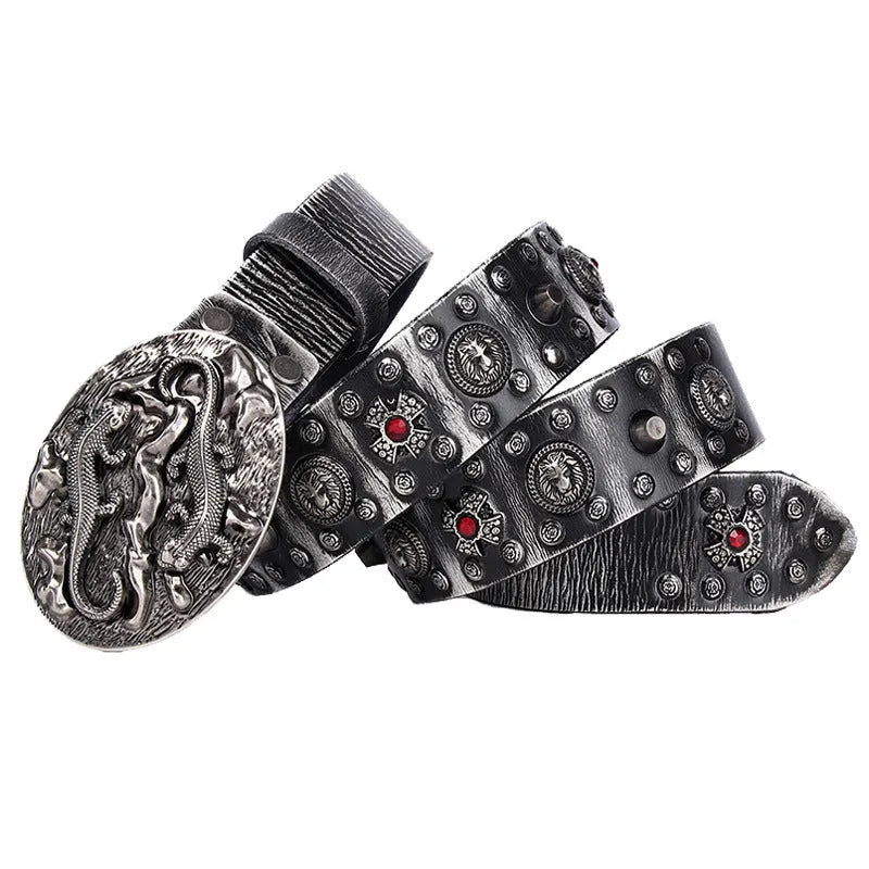 Men's genuine leather punk rivet belt with alloy buckle in retro colours on a table.