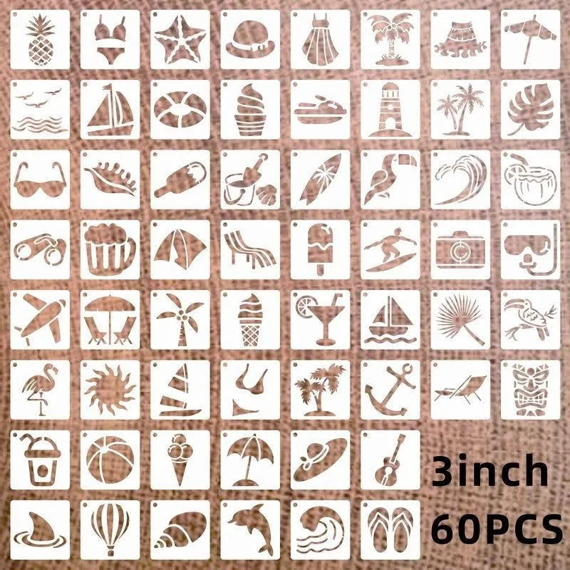 Milky white PET film stencils showing hollow designs of animals, flowers, letters, and ocean themes.