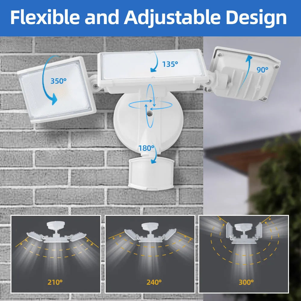 White or black LED security flood light with motion sensor for outdoor wall or ceiling mounting.
