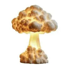 Modern art mushroom cloud table lamp with USB power cable on a desk.
