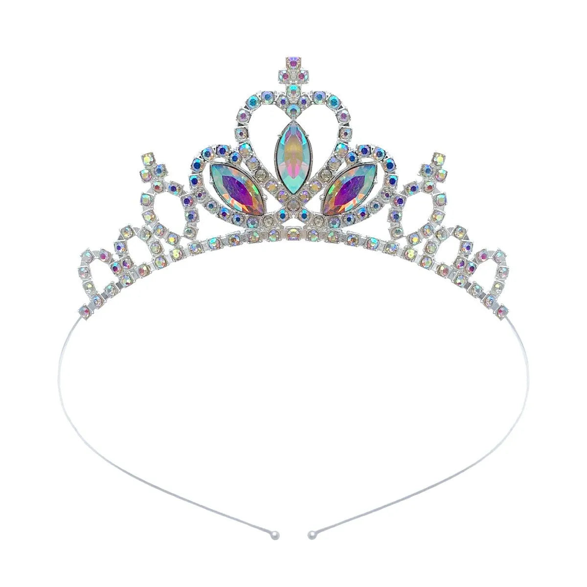 Girl's electroplated alloy princess crown headdress in gold and silver colour variations with gemstone-effect finishes.