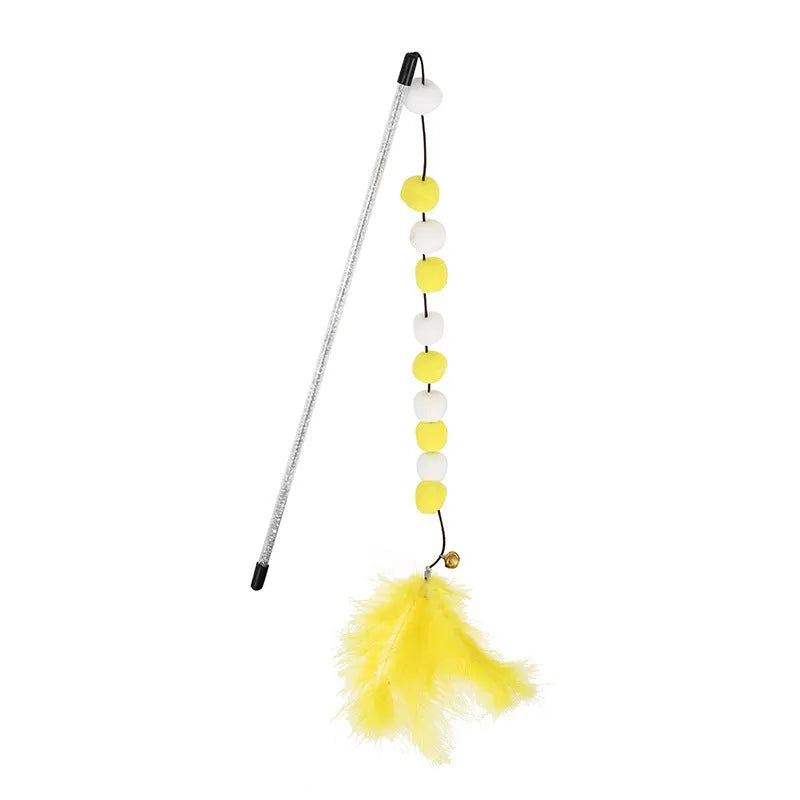 31cm long cat teaser interactive toy rod with feather, pompon, and bell attachments