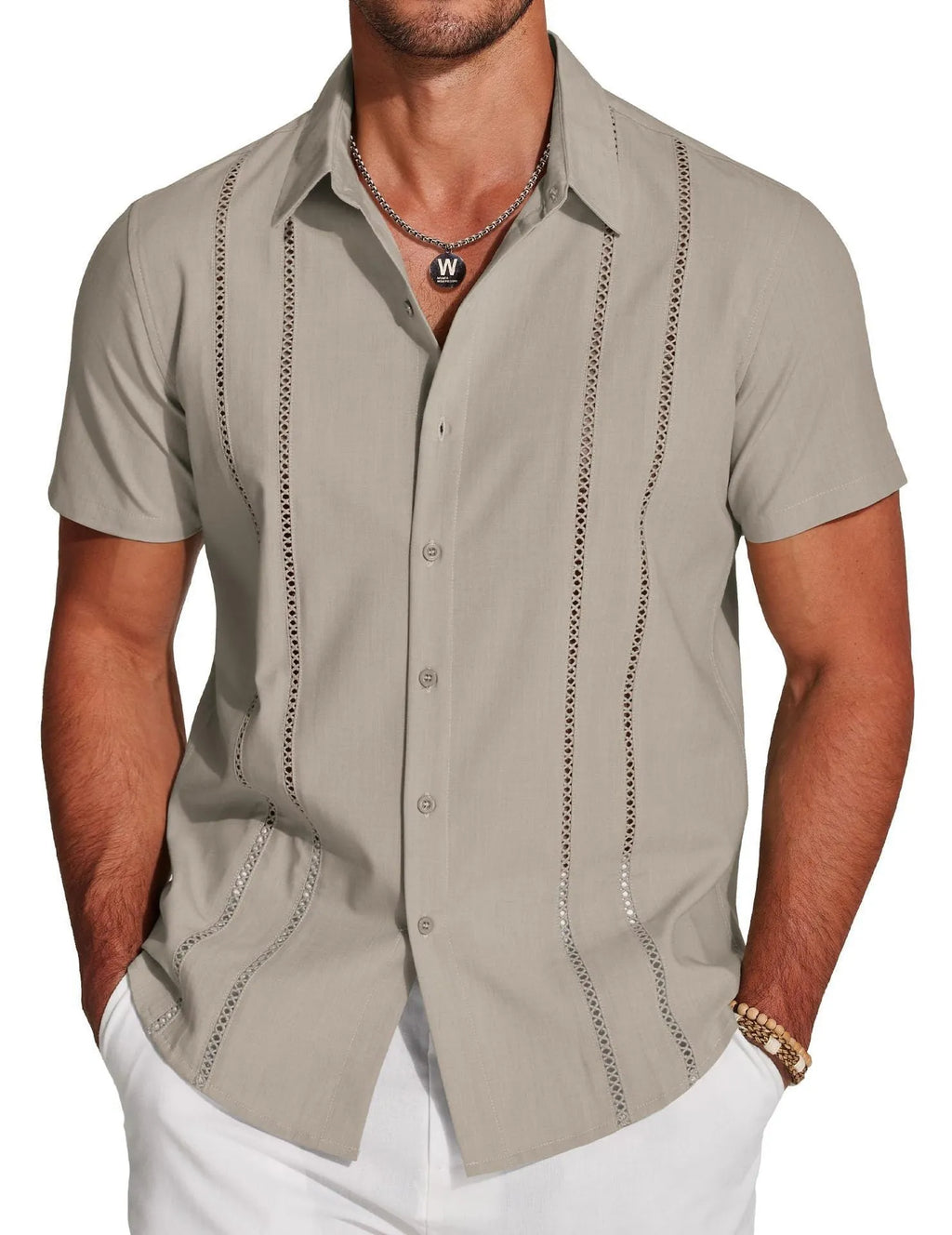 Men's slim fit Hawaiian short sleeve shirt with digital printed pattern and elastic polyester fabric