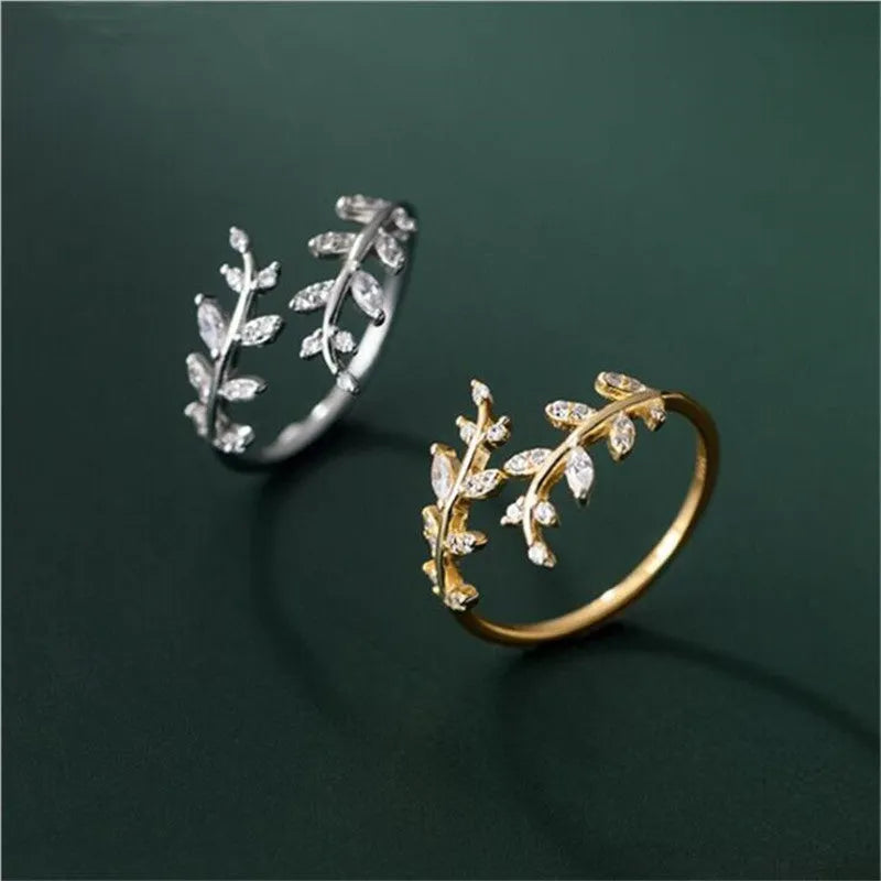 Women's copper branch leaf ring with geometric design in gold or silver electroplated finish