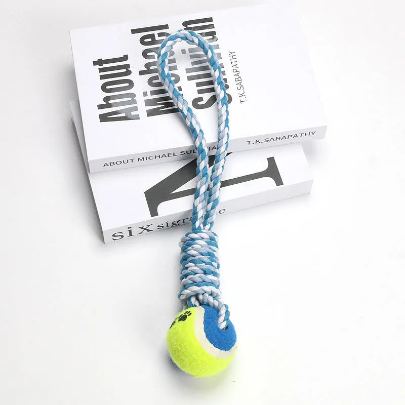Red and white cotton string dog tug toy, approximately 38 cm long, for medium and large breeds.