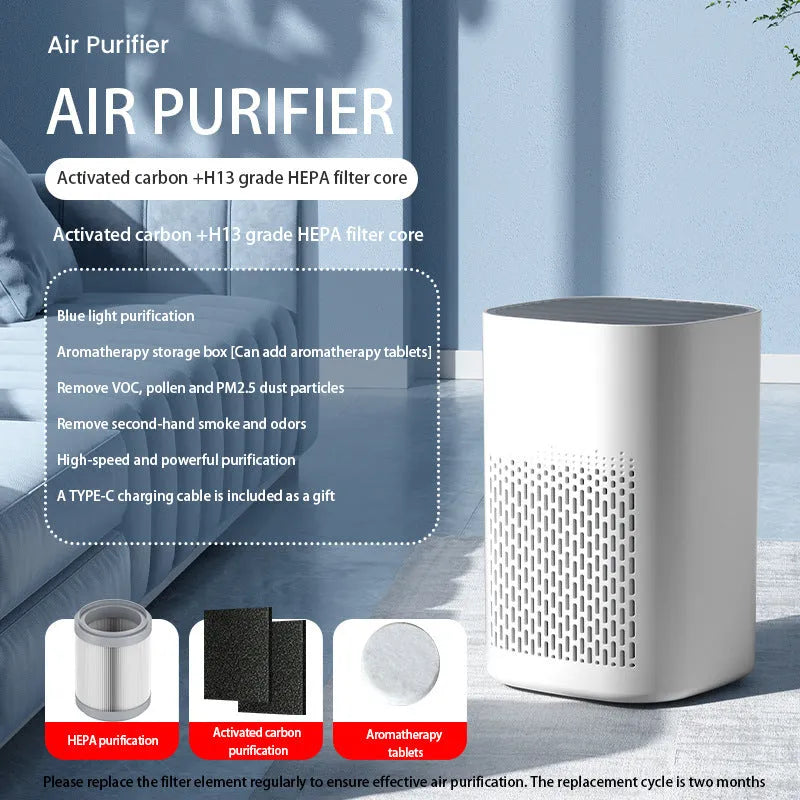 Desktop air purifier unit with simple styling and USB power connection