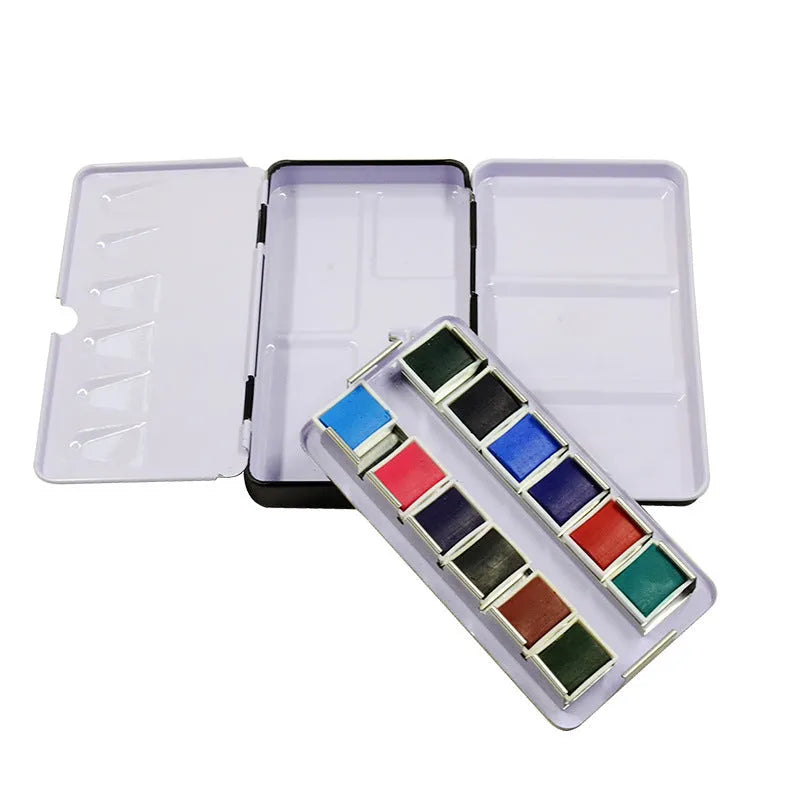 Square tinplate metal empty watercolour paint box with three-fold compartments for 12, 24 or 48 pigment pans.
