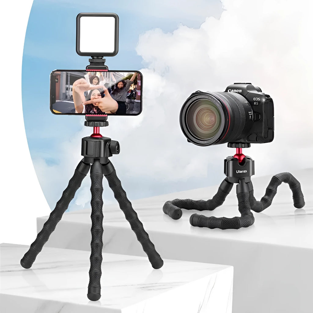 Vlog tripod kit with extended legs and a detachable Bluetooth remote shutter for mobile phone filming.