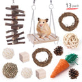 Natural wooden chewing toy set for small animals including straw mats, woven balls and plant-based components