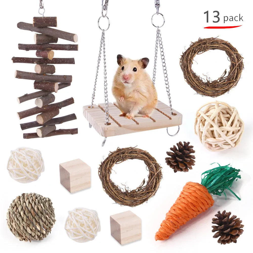 Natural wooden chewing toy set for small animals including straw mats, woven balls and plant-based components