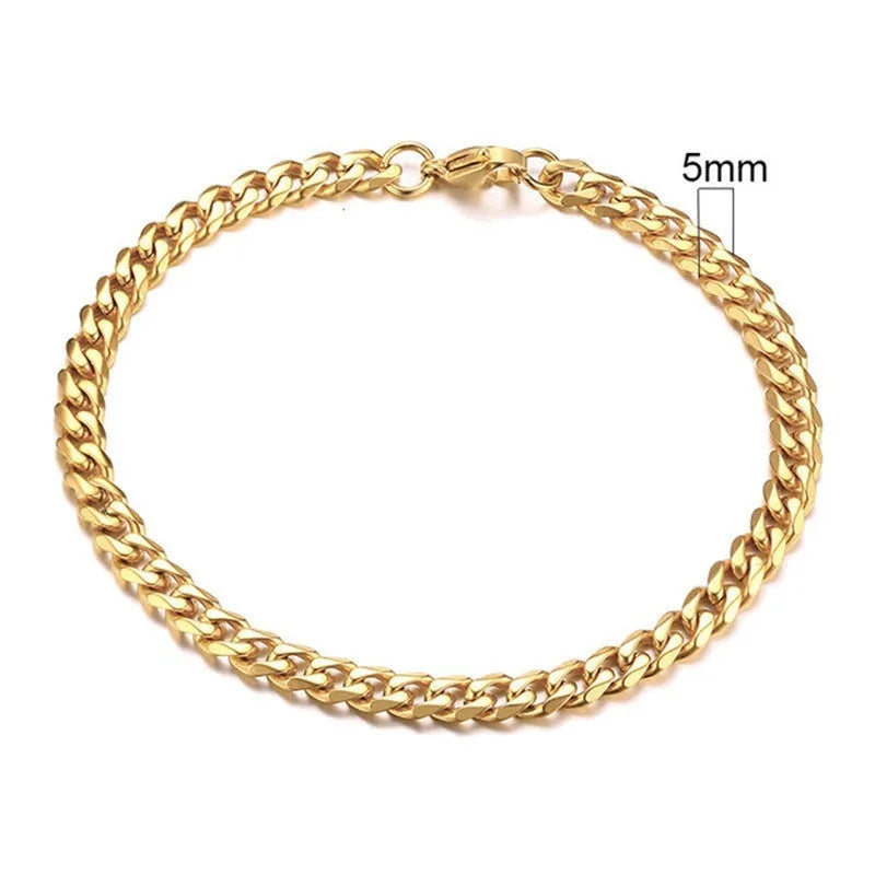 Six-sided geometric Cuban link metal bracelet in gold, black, and steel colour finishes.