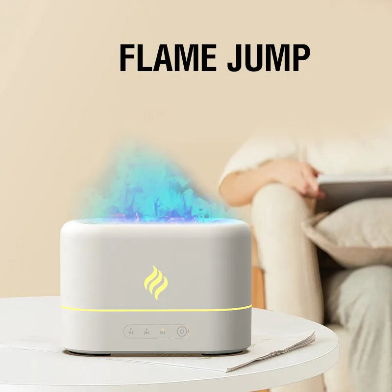 USB-powered aroma humidifier with seven-colour simulated flame effect showing black plastic finish