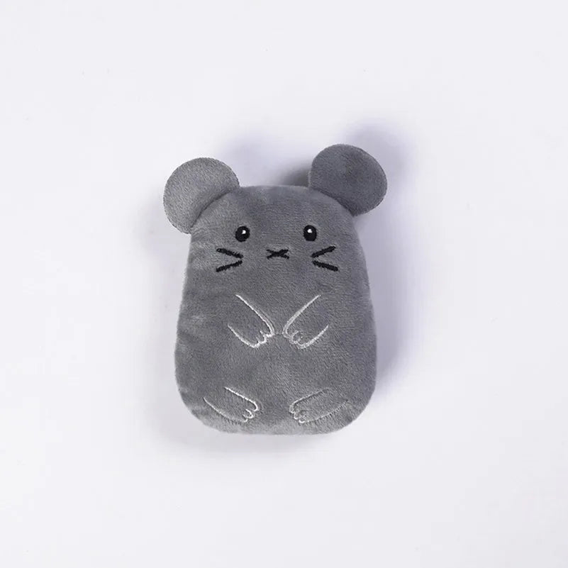 Small plush cat toy with catnip filling for chewing and teeth grinding, shown in assorted colours.