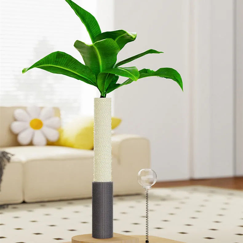Wooden canna-coloured cat scratching post with food drop ball and chamfered edges