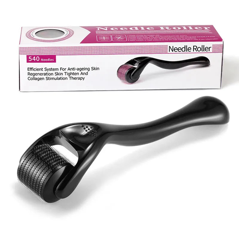 Black and purple derma rollers with titanium microneedles, showing different needle sizes from 0.2mm to 1.0mm