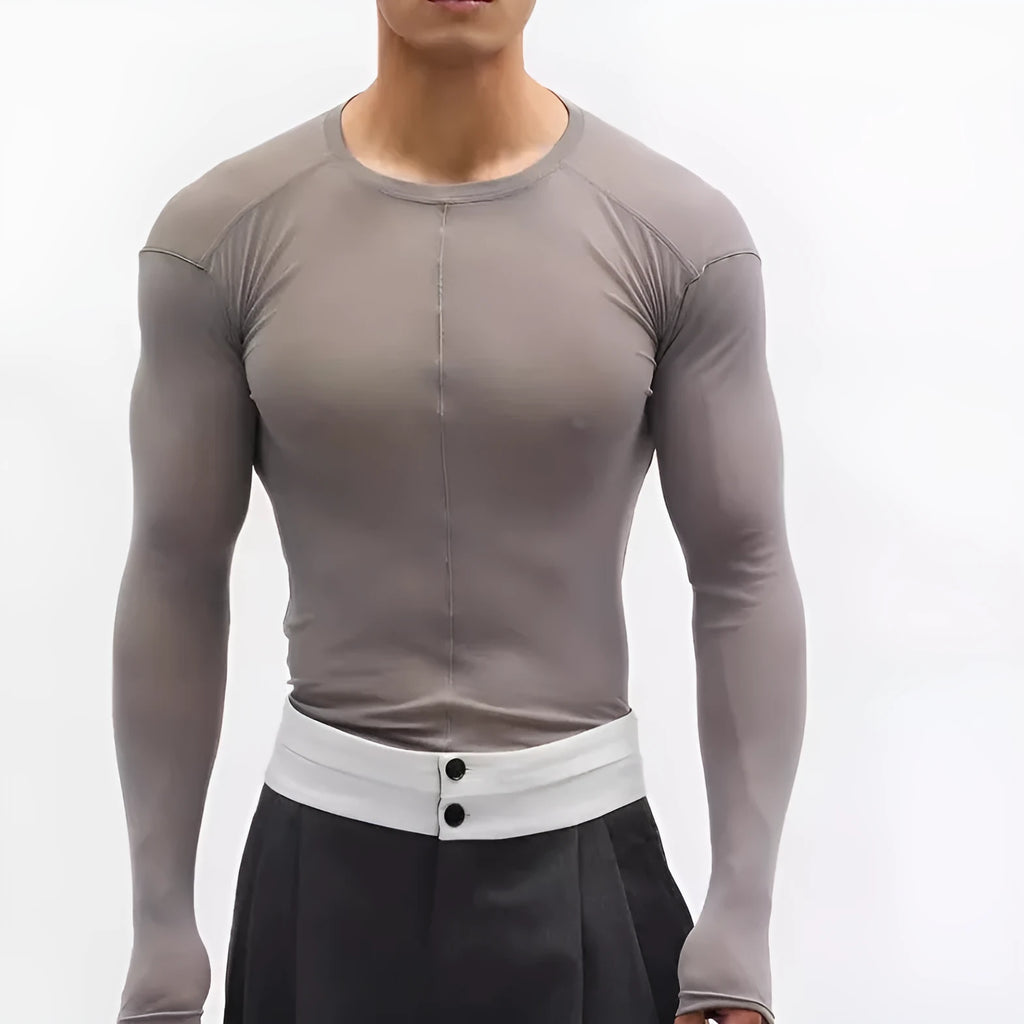 Black mesh texture slim-fit pullover top with long sleeves and round collar