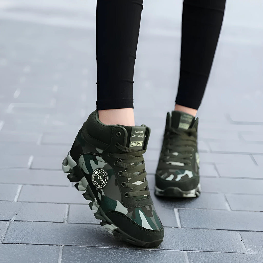 Green camouflage canvas women's sneakers with increased sole height and lace-up design