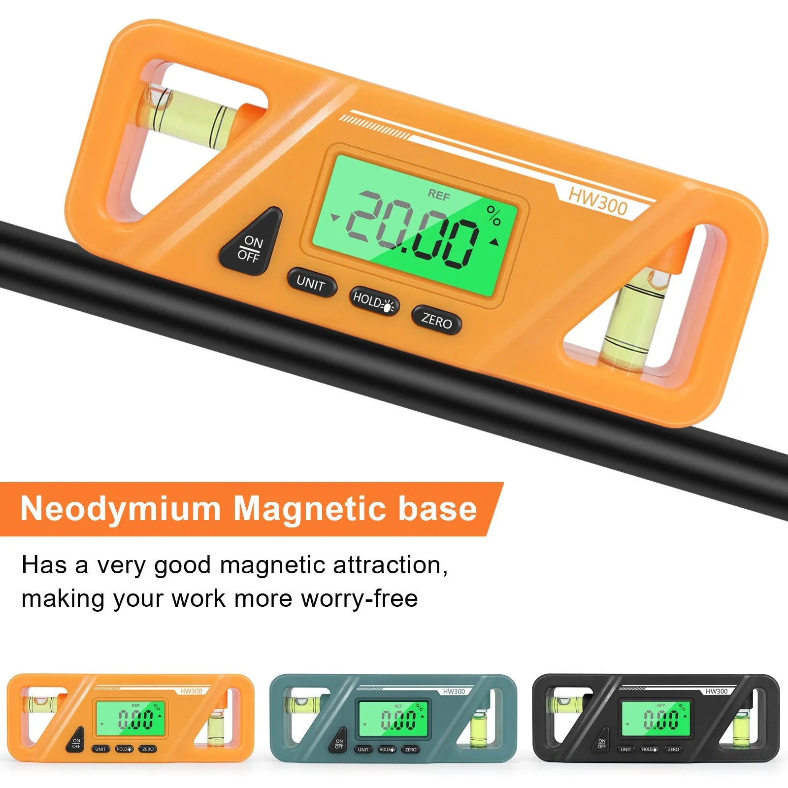 Black digital angle gauge with magnetic base and LCD display showing an angle reading.