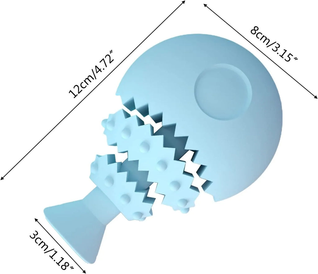 Blue fish bone shaped silicone dog chew toy with a treat hole, shown next to a green and pink version.