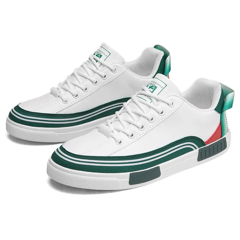 Men's beige and green canvas casual shoes with mesh ventilation sections and flat heels