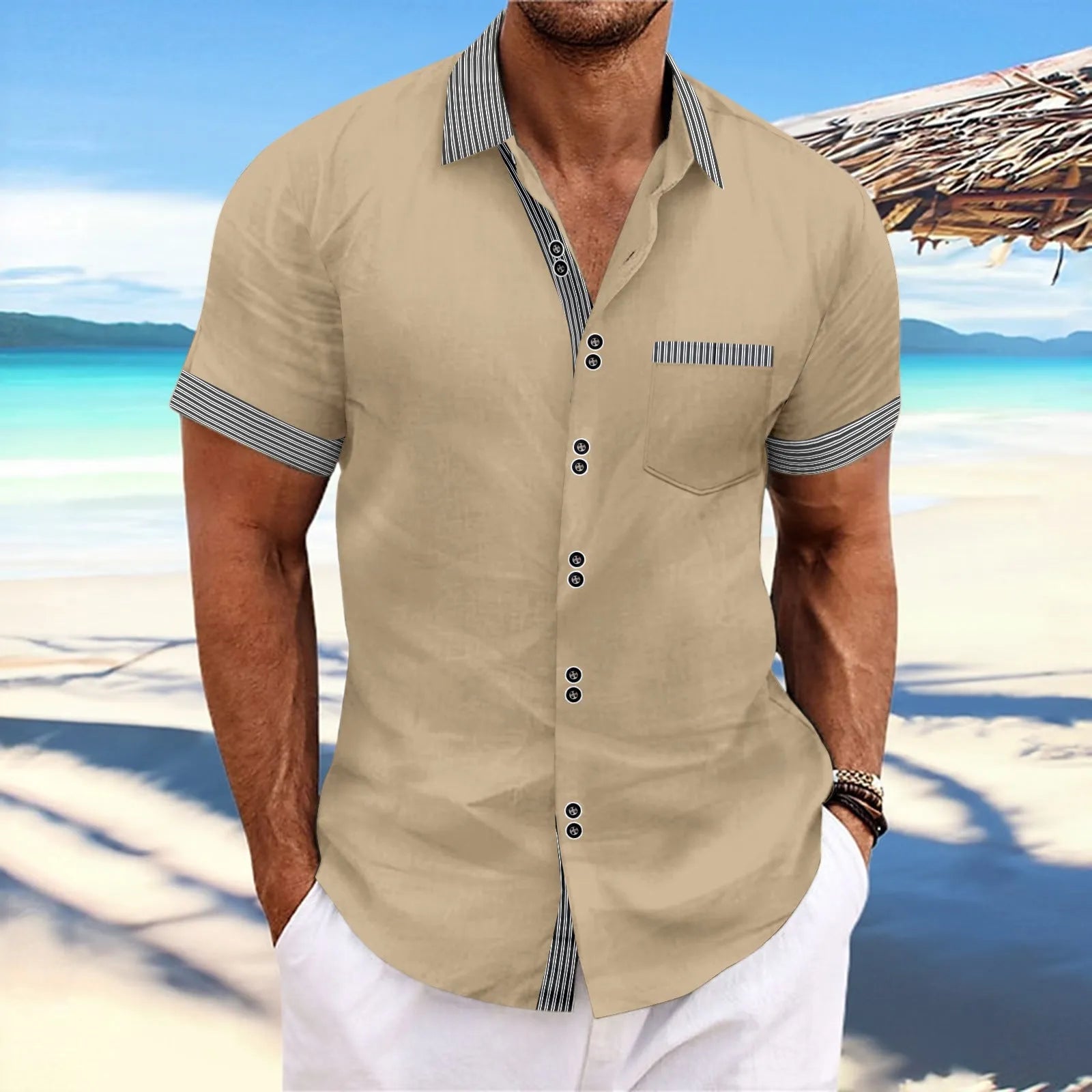 Men's slim fit striped casual shirt in pure cotton with double button short sleeves.