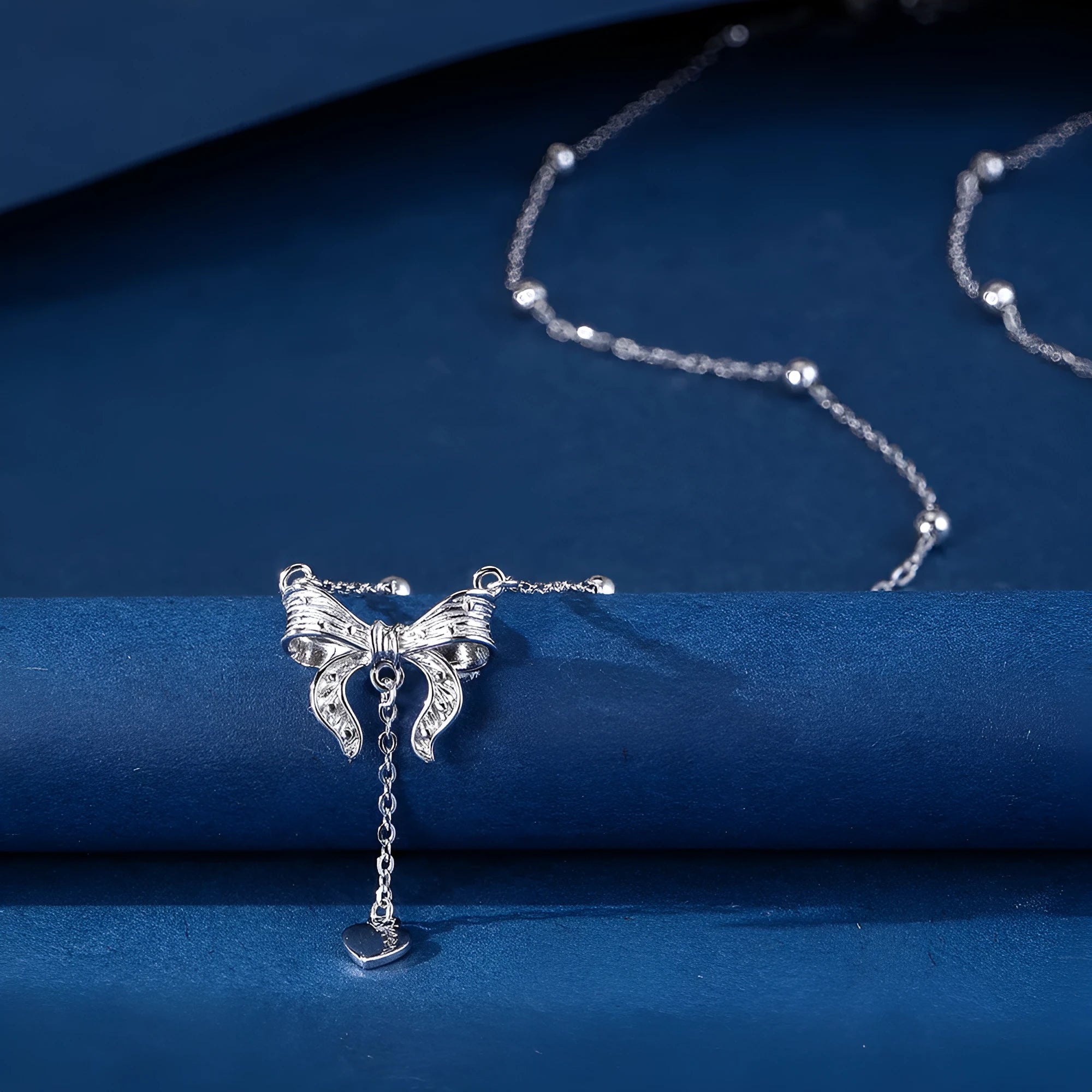 S925 silver butterfly heart necklace with bow detail on adjustable 40-45cm chain