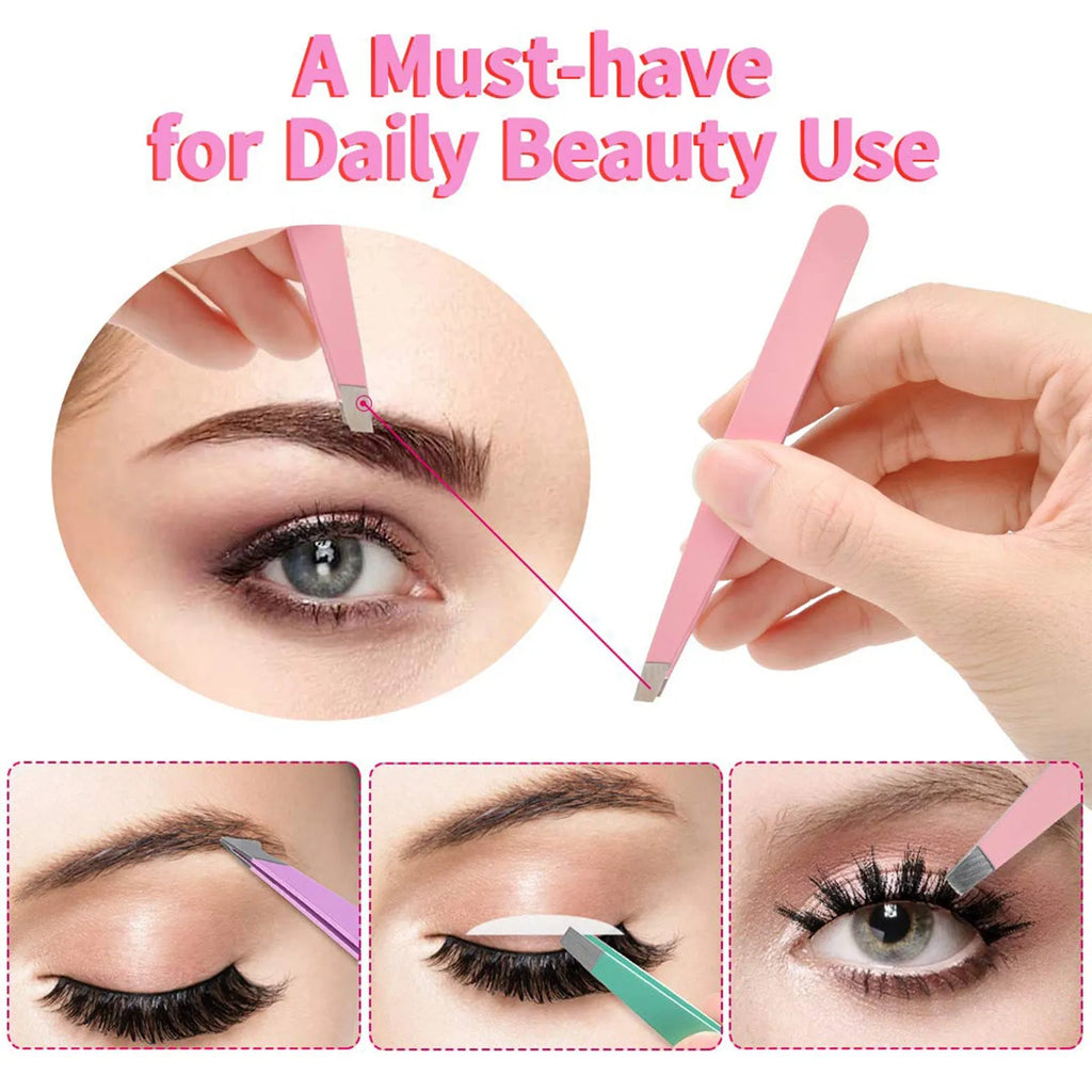 Professional 6-piece stainless steel eyebrow tweezers set with curved scissors and leather protective case