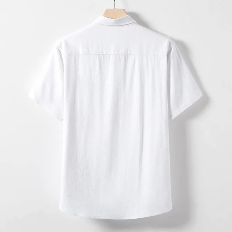 Men's loose fit linen T-shirt with a lapel collar in optic linen colour.