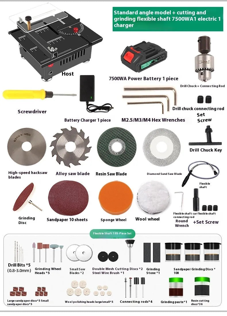 Lithium ion cordless micro desktop saw with metal body on a workbench