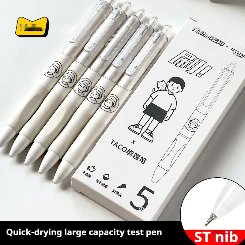 Five Taco brand neutral black plastic ballpoint pens with 0.5mm quick-drying black refills