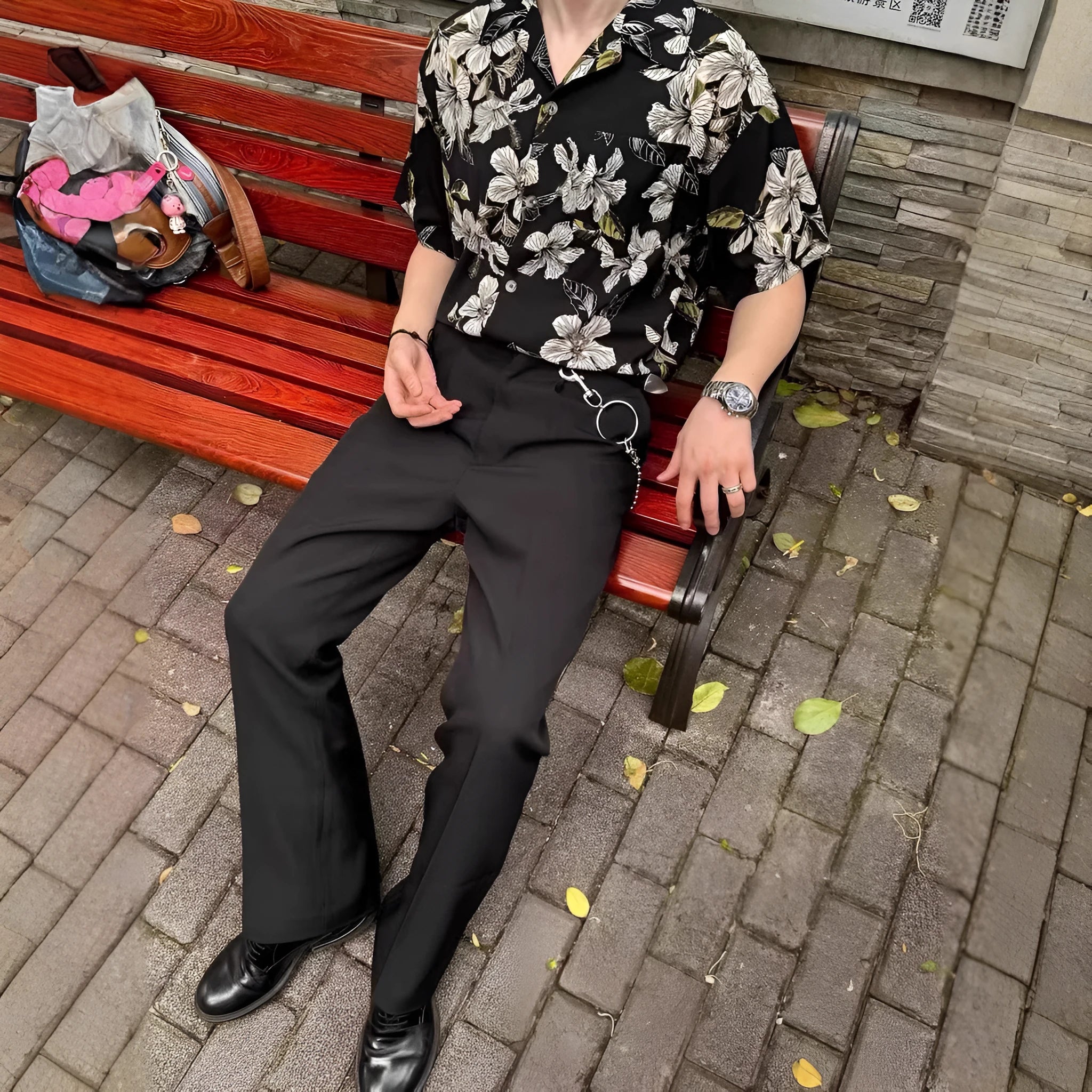 Black floral print men's shirt with a vintage Cuban collar and short sleeves, made from ice silk fabric.