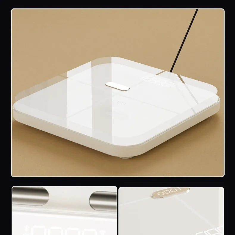 White professional body fat scale with 8 electrodes on tempered glass platform, LED display showing weight measurement