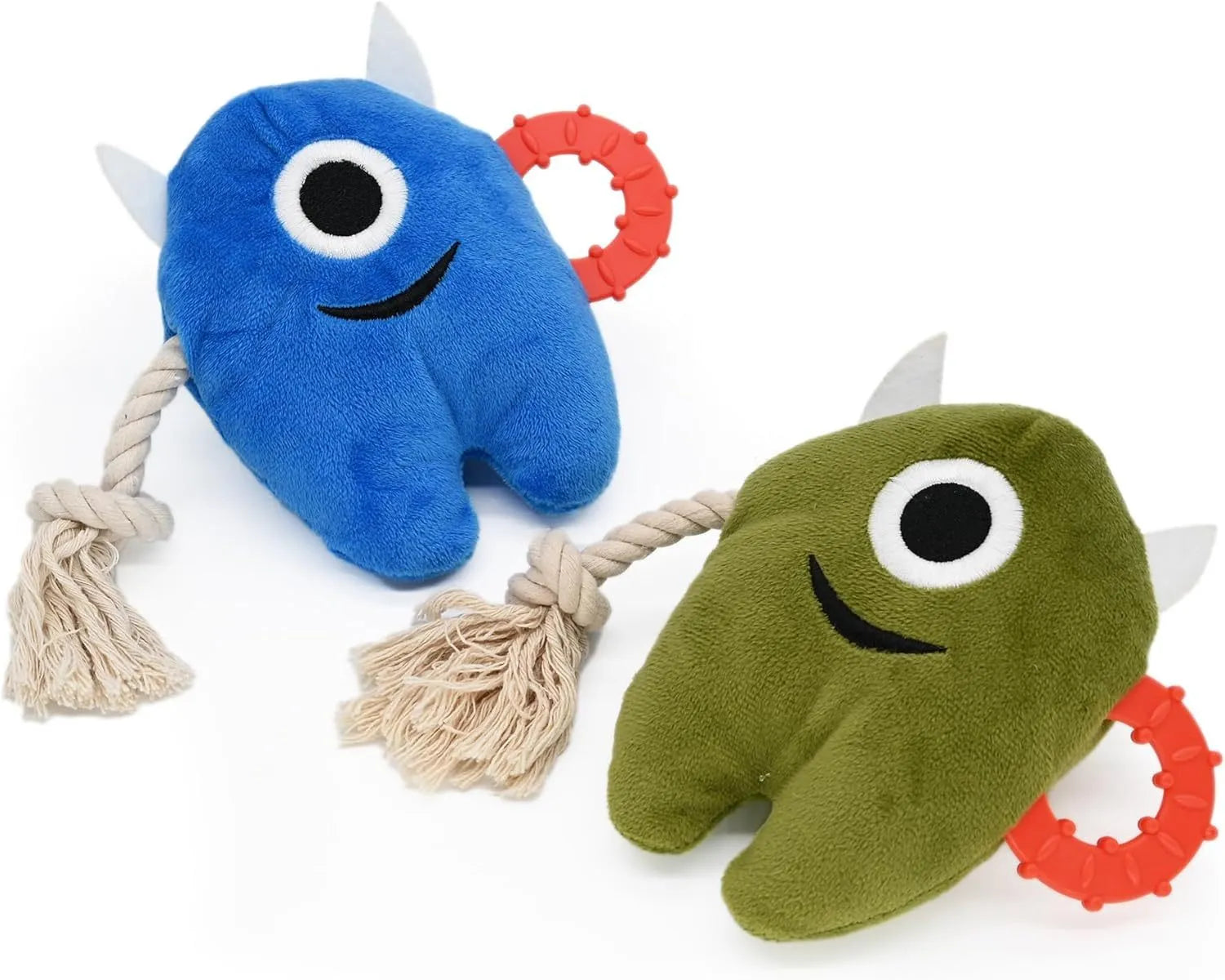 Blue and green plush monster dog toy with integrated cotton rope tug element and squeaker