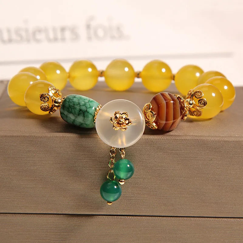 Khaki agate crystal bracelet for women with gold silk adjustable cord in Japanese Korean style