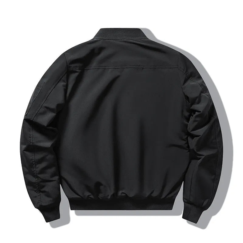 Men's slim-fit stand collar motorcycle coat in black with embroidery detailing and patch pockets
