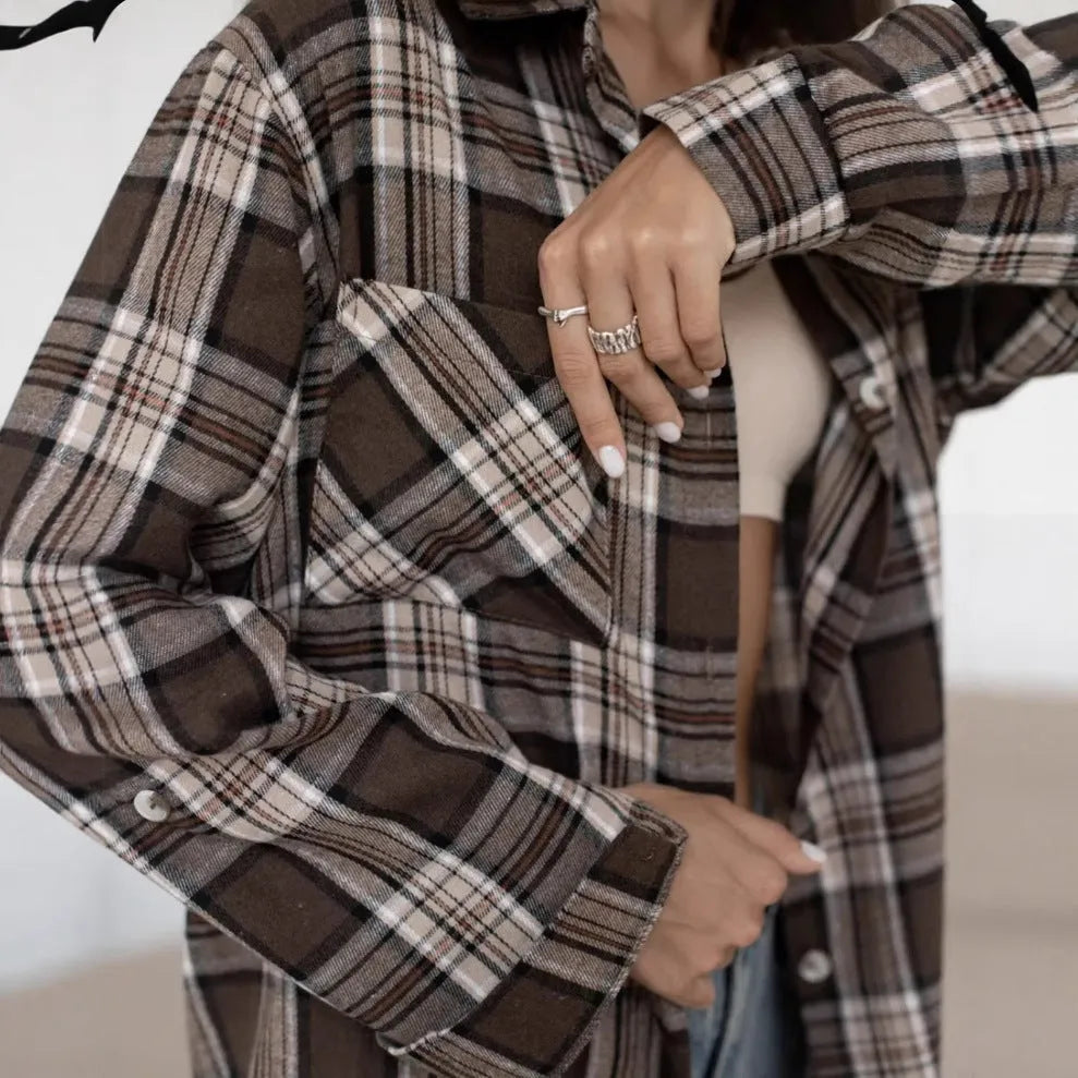 Dark brown striped retro style women's shirt with long sleeves and regular fit