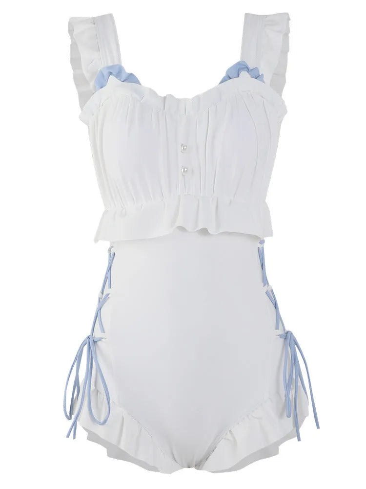 Milky White women's backless one-piece nylon swimsuit on a size chart background.