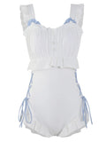 Milky White women's backless one-piece nylon swimsuit on a size chart background.