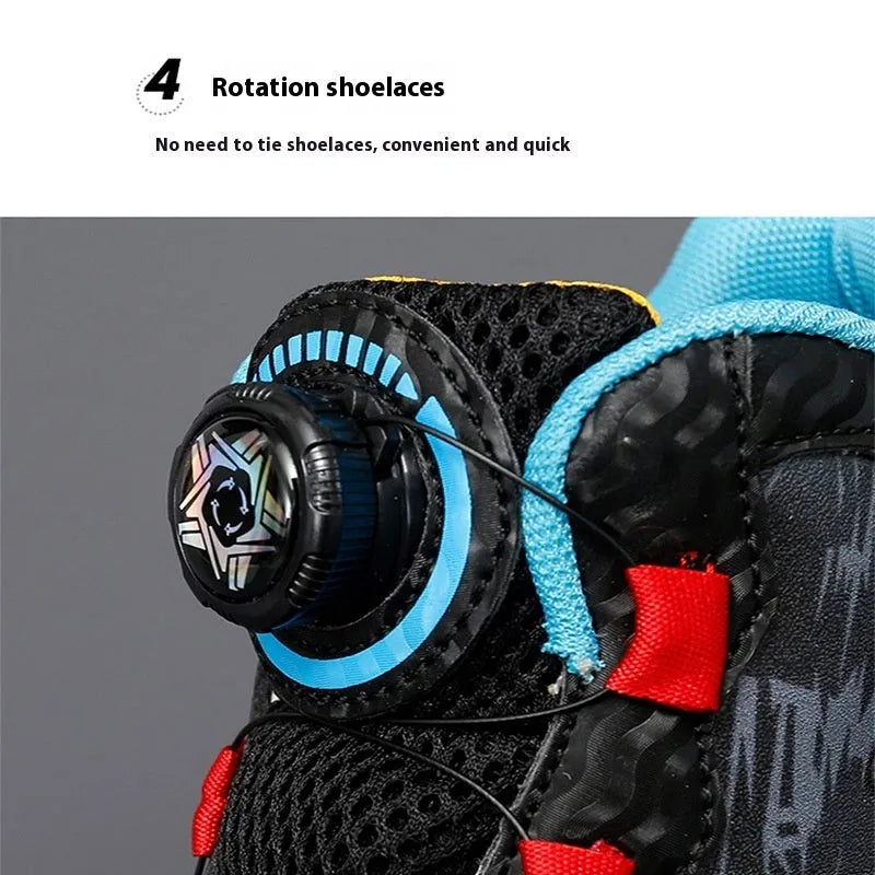 Rotating button running shoes in black synthetic leather with waterproof construction and PU soles