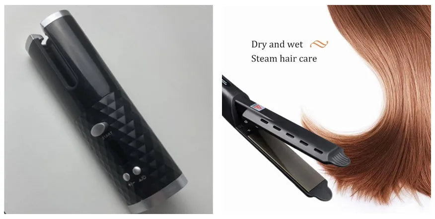 Portable wireless curling iron with USB charging port and gold ceramic barrel in pink colour