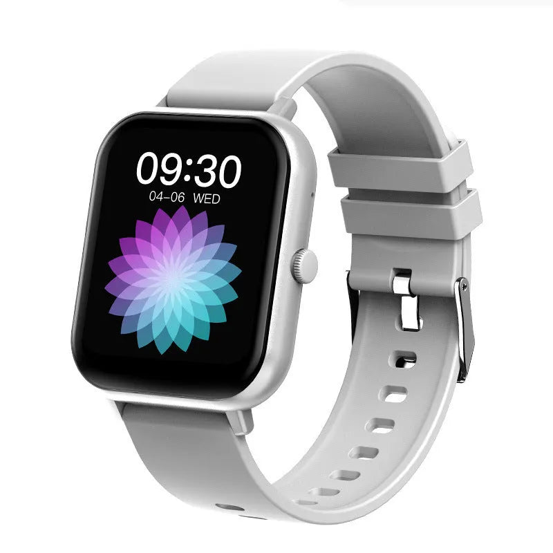 Smart watch with AMOLED display showing health metrics including heart rate, blood pressure and blood oxygen readings