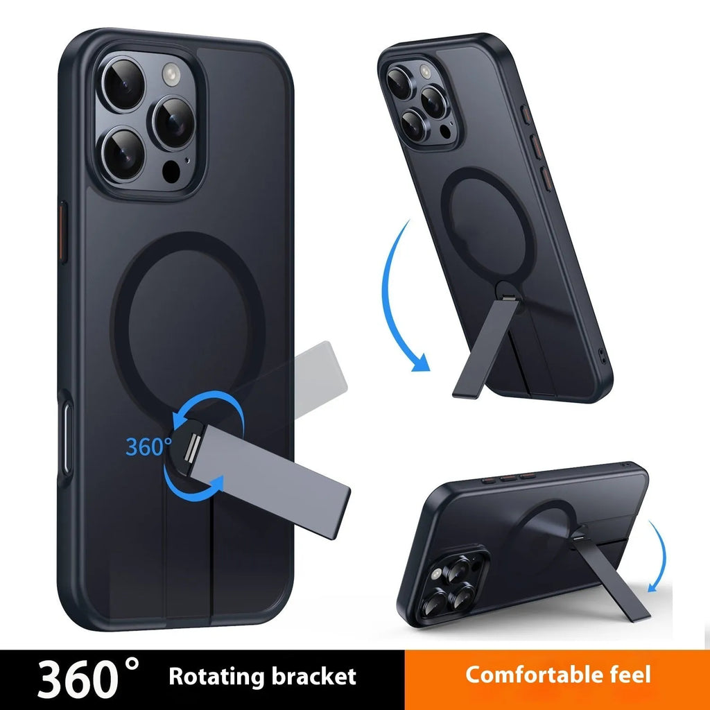 Matte Black magnetic hidden bracket phone case for iPhone 16 Pro Max with TPU PC construction and anti-fingerprint finish