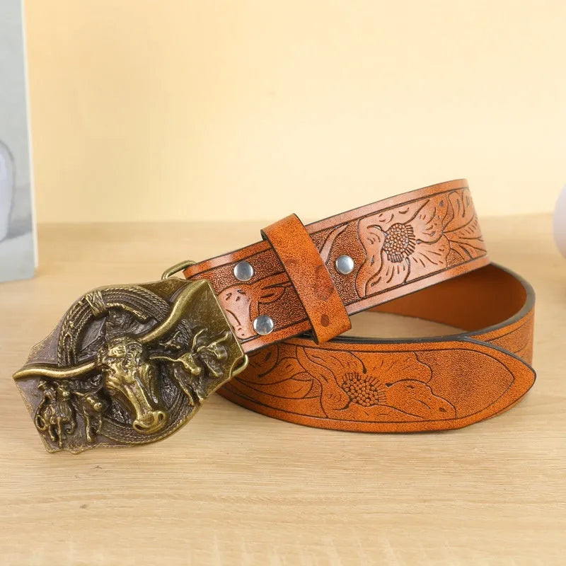 Men's black imitation leather belt with decorative alloy cow head buckle and pin buckle fastening