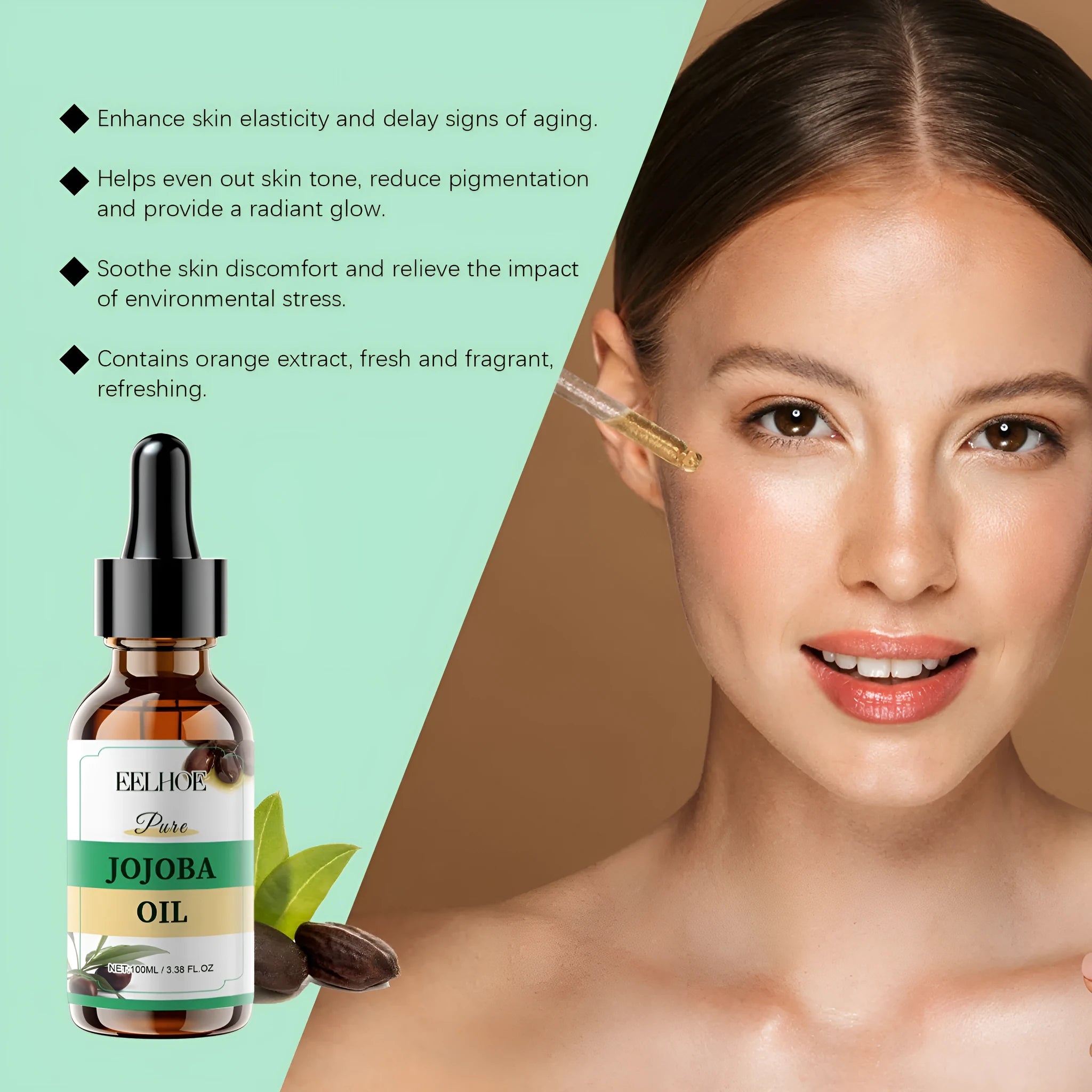 100ml bottle of organic jojoba oil for facial hydration and firming skin elasticity.